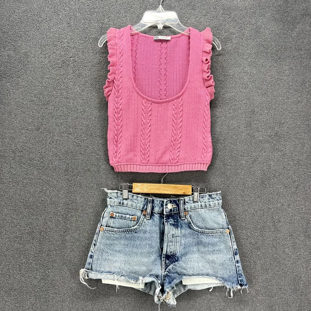ZARA‎ Outfit Top Small Shorts 2 Jeans womens Pink Blue knit sleeveless raw denim